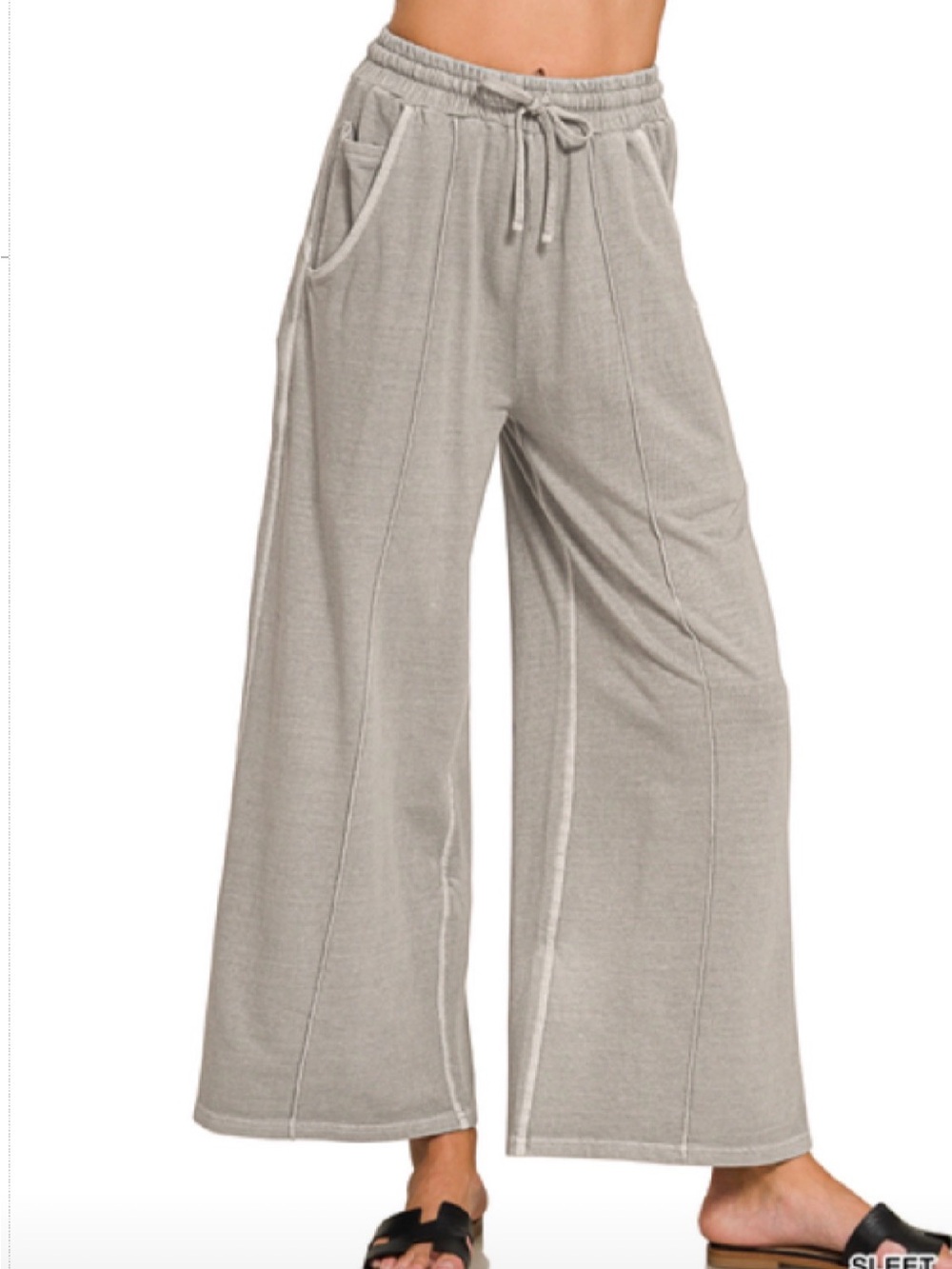 Zenana Outfitters Wide Leg Drawstring Pants - Light Gray